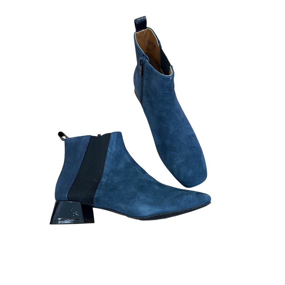 Donald Pliner Travis Navy Blue Suede Square Toe Patent Block Heel Ankle Boot 7.5